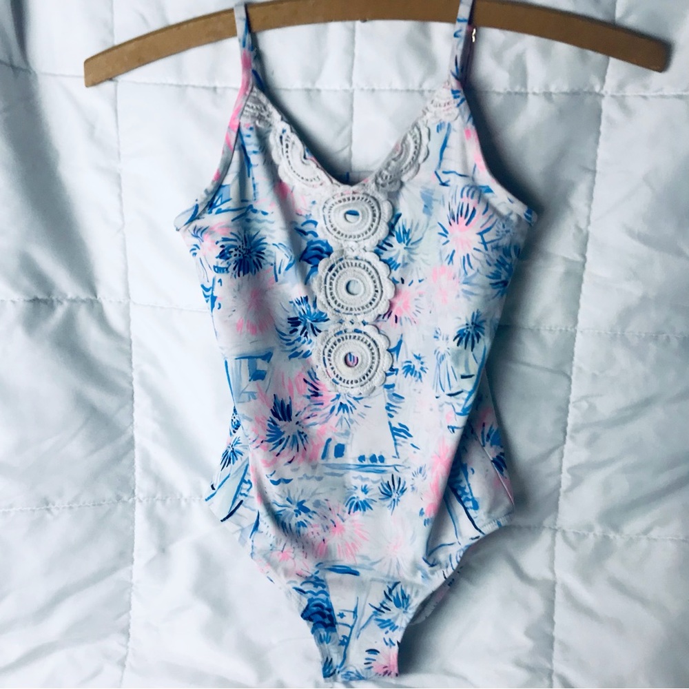 Lilly Pulitzer One Piece Bathing Suit Blue and Pink Sz 7
